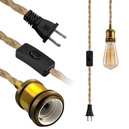 Puanticn P1.CU.W.219 Vintage Plug In Pendant Light Cord, 16.7 Ft Farmhouse Hanging Lights With Plug In Cord, Industrial Hemp Rope Cord Hanging Light Fixture With Switch, E26 E27 Brass Light Socket, For Island Kitchen cover