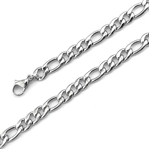 EnM Jewelry Men Women Bracelet Stainless Steel Solid Figaro Chain 7.5-10.5 inches, Silver Color, 7mm Wide