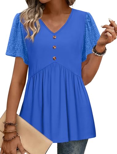 Women Blouses Spring Outfits Tshirts Shirts for Women V Neck Short Sleeve Summer Tops Eyelet Lace Sleeve Tops Peplum Top Maternity Clothes Fashion Clothing Blue S