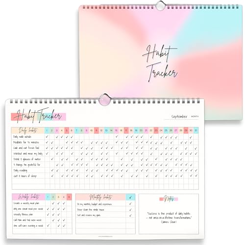 Habit Tracker-Kalender – täglicher, wöchentlicher und monatlicher Gewohnheits- und Ziel-Tracker, drahtgebundener Planer mit buntem Design, hochwertiges 250 g/m²-Papier, A5, Regenbogen
