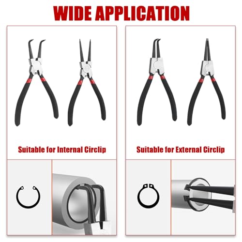 YHNDECO 4 Stück Sprengringzangen Set, 180mm Sprengringzangensatz mit Tragbarer Tasche Sicherungsringzange für Innen- und Außensicherungen, Gerade Und Gebogen Seegeringzange