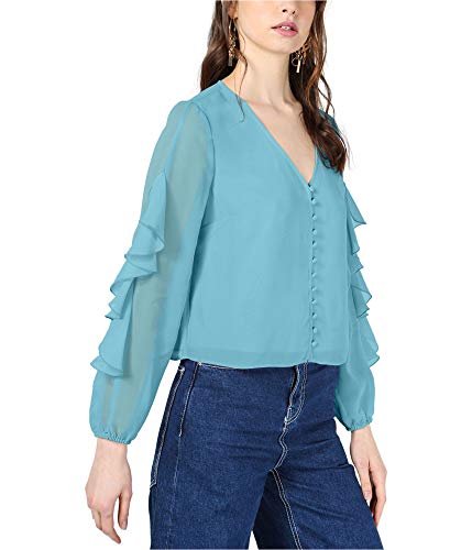 Bar Iii Ruffle-Sleeve Button-Up Top Blue Size Medium #TOP8