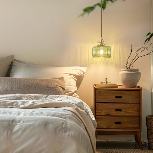 Image of Shenmoyl Pendant Light with Green Striped Glass Lmapshade, Brass Vintage Pendant Light Adjustable Hanging Light for Kitchen Island Dining Room Hallway