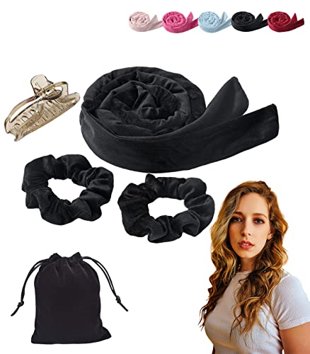 Heatless Curling Rod Headband For Long Hair Curls, 60‘’ Leveling Up Velour Heatless Hair Curler, TikTok Heatless Curls with Hair Clips and Scrunchie for Sleeping(Black)