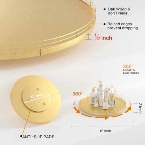 Image of Oroyutor 16-Inch Oak Lazy Susan Organizer with Gold Metal Rail