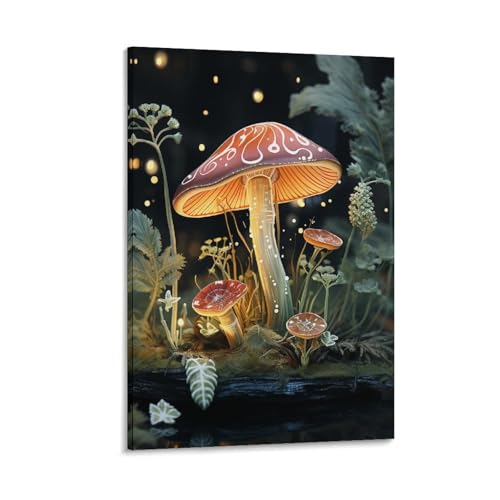 Toile murale imprimée avec cadre robuste et motif papillon champignon résistant à l'humidité