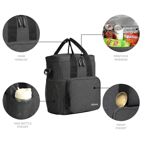 Image of Aliensware Thermal Insulated Lunch Bag with Handle & Adjustable Shoulder Strap, Large Capacity Meal Bag /Tiffin Bag /Lunch Holder /Meal Container Picnic Bag for Food Storage,Office,Travelling Aliens-BLK