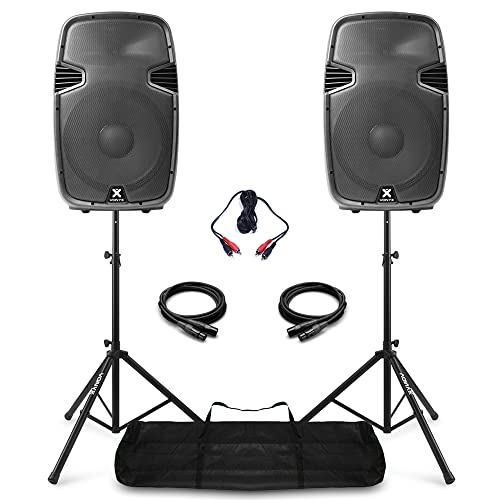 VONYX SPJ-1500A Active DJ PA Speaker System - 1600W Powered 15 Speakers Pair with Adjustable Stands, XLR Cables & Audio Connector for Parties, Mobile DJs & Events