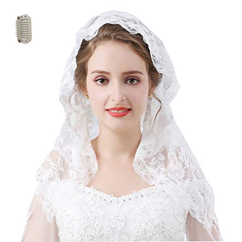 Grettytling Lace Mantilla Veil Soft and comfortable 7 Colors Spanish Style Rose Lace Veil Head Covering D Shape (White) - Thumbnail 2