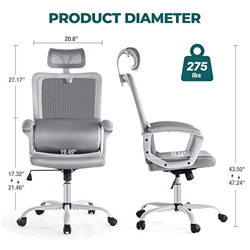 Desk Chair, Ergonomic Mesh Office Chair High Back Computer Chair With Adjustable Headrest,Lumbar Support, Tilt Function,Swivel Rolling, Soft Pu Armrest Task Chair Home Office Desk Chairs, Grey #TOP2