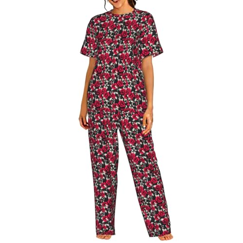 Pyjama à manches courtes femme imprimé roses rouges en coton léger pour l'été