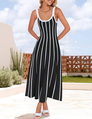 ZESICA Womens 2025 Summer Sleeveless Striped Midi Dresses Casual A Line Swing Knit Long Dress Beach Vacation Clothes3