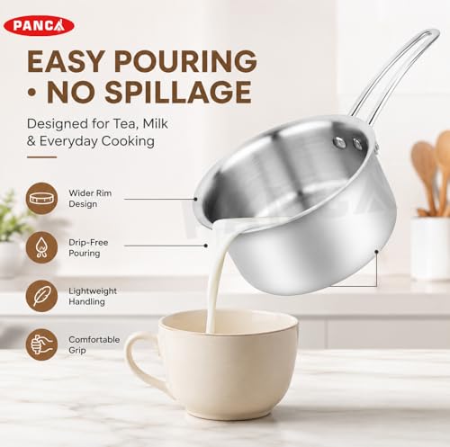 Image of PANCA Stainless Steel Saucepan for Milk, Tea & Coffee | Multipurpose Tea Pan & Milk Boiler for Gas & Induction Cooktop | Heavy Duty Cooking Pot with Comfortable Handle (2 litres)