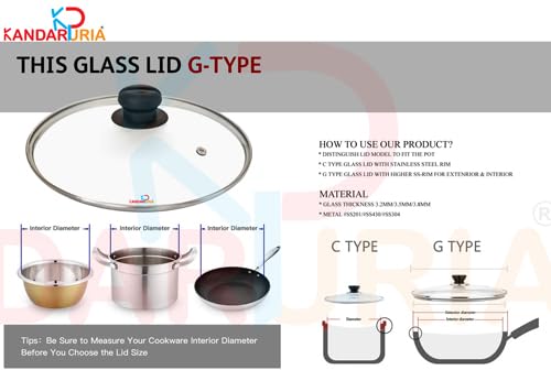 Image of Kandaruria Glass Lid, Toughened Glass with Steam Vent, Stainless Steel Rim, Compatible fit with Kadai, Biryani Pot, Fry Pan, all G Type cookware (18cm)