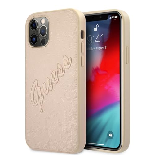 GUESS GUHCP12MRSAVSLG Coque pour iPhone 12/12 Pro 6,1" Saffiano Doré Script Vintage