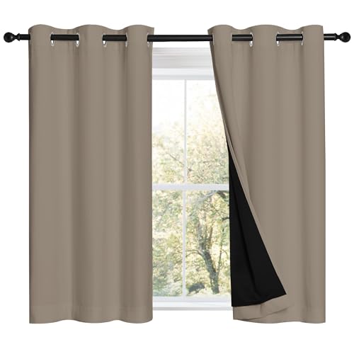 Image of NICETOWN 100% Blackout Short Curtains with Black Liners, 2 Panels, 37 inch W by 40 inch L, Taupe, Solid Thermal Insulated Full Blackout 2-Layer Lined Drapes, Energy Efficiency Window Draperies for Bedroom