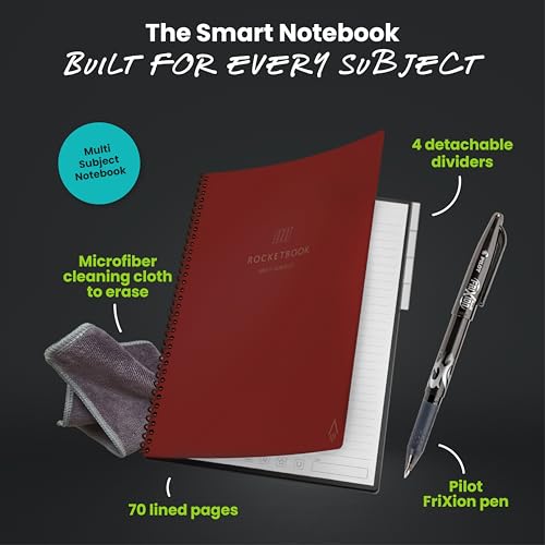 Image of Rocketbook Multi-Subject Reusable Smart Notebook, Letter 8.5x11, Maroon | 70 Lined Pages, 4 Adjustable Dividers for Organize Classes, Projects and Notes