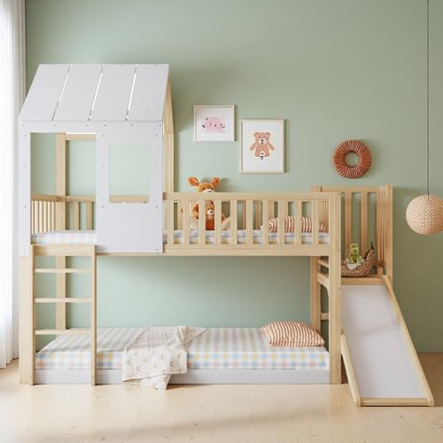 Lit Cabane 90x200 avec Toboggan, Pin FSC Sapgaks