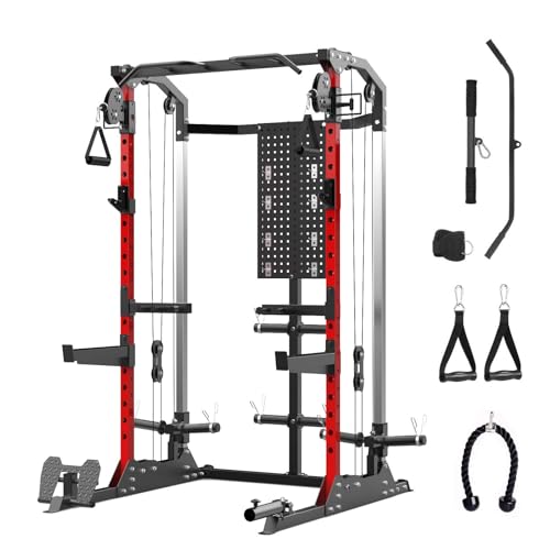 Power Cage, 2000Lbs Capacity Power Rack with Cable Crossover and Dual Independent Pulley System, Workout Cage with Storage Board, Squat Rack for Home Gym, Red