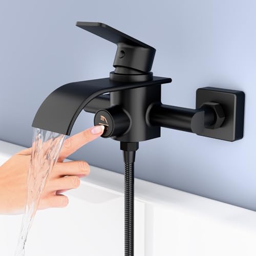 OTOmitra Robinet de baignoire noir, mitigeur de baignoire cascade, mitigeur en laiton, robinetterie mitigeur douche avec bouton poussoir