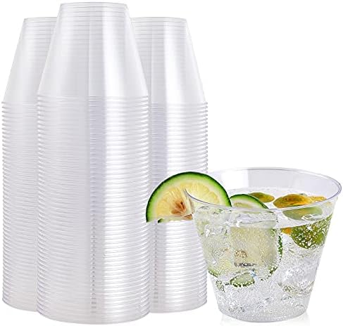 FOCUSLINE 9 oz Clear Plastic Cups, 100 Pack Disposable Cups Reusable Plastic Cups Tumblers, Heavy Duty Hard Plastic Cups for Wedding, Thanksgiving, Halloween, Christmas Party