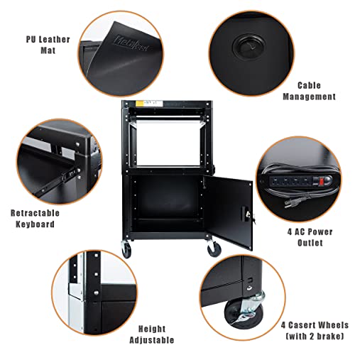 Metateel Steel Large Av Cart With Extra Storage - Adjustable Height Cart With Locking Cabinet, Pullout Tray, Power Strip, And Cord Management - Holds 300 Lbs And Easy To Assemble (24'' X 18'' X 42'') #TOP3
