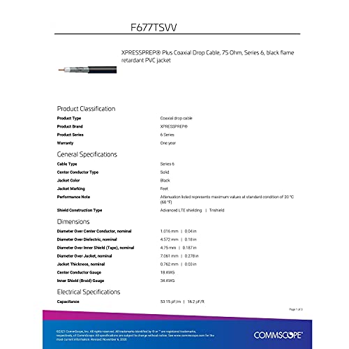 1000Ft Black Made In Usa Commscope F677Tsvv Tri-Shield Rg6 Coaxial 18Awg 75 Ohm Solid Center Conductor Flame Retardant Pvc Ul Etl Cm Catv Rated Indoor Audio/Video Telecommunication Bulk Coax Cable #TOP1