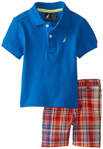 Nautica Baby Boys' 2 Piece Pique Solid Polo with Plaid Short, Brilliant, 12 Months
