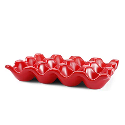 Flexzion Ceramic Egg Holder for Fridge - 12 Cups Egg Tray Whole Dozen Porcelain Container Keeper Storage Organizer Decorative Serving Stand Serveware for Countertop Display Kitchen (Red)