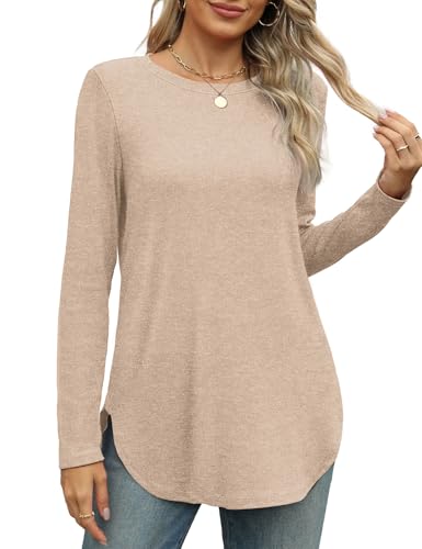 Image of XIEERDUO Womens Long Sleeve Round Neck Shirts Side Split Basic Loose Tunic Tops Casual 2026