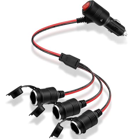HATMINI Rozgałęźnik zapalniczki samochodowej 12 V 24 V, kabel zapalniczki samochodowej 1 do 3, gniazdo 3-drożne z włącznikiem/wyłącznikiem, potrójny kabel przedłużający 16 AWG 15 A