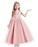 REXREII Vestido largo de tul con lentejuelas bordadas para niñas, para concurso, boda, cumpleaños, comunión, formal, vestido largo de noche, Rosado, 12-13 años