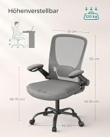 SONGMICS Bürostuhl ergonomisch, Drehstuhl mit Mesh, Lendenstütze, Wippfunktion, 53 cm große Sitzfläche, klappbare Armlehnen, Arbeits- und Schlafzimmer, Studenten, Taubengrau OBN037G01 – Ansicht 3