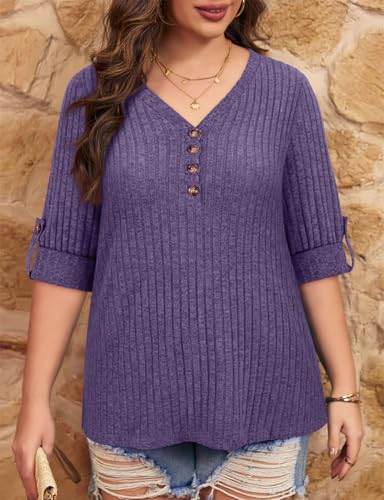 Image of Koscacy Women Plus Size V Neck 3 /4 Roll Sleeve Sweater Casual Knit Tops Solid Color Blouses