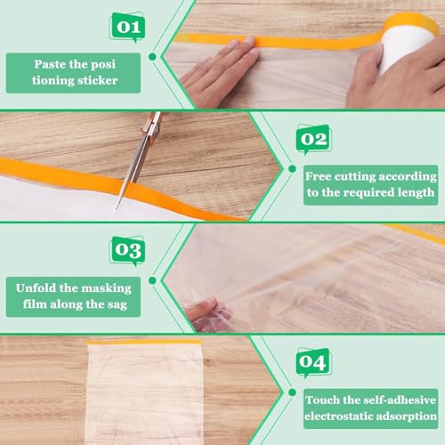 LATERN 4 Rollen Abdeckfolie mit Klebeband, 2,4m x 20m PE Transparente Abdeckfolienrollen Selbstklebende Farbe Staubschutzfolie für Möbel Auto Boden Wand Malerei Dekoration Abdeckung