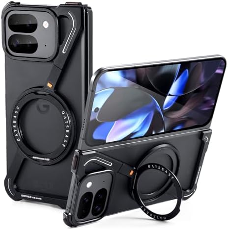 OATSBASF Minimalist Phone Case for Google Pixel 9 Pro Fold, 360° Rotation Kickstand Aluminum Metal Frameless Design Bumper Z Case, Protective Shock Grade Shell, Black