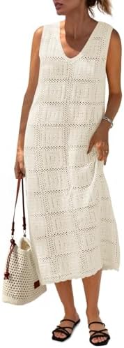 Fisoew Womens Crochet Sleeveless Dress Casual Summer V Neck Boho ...