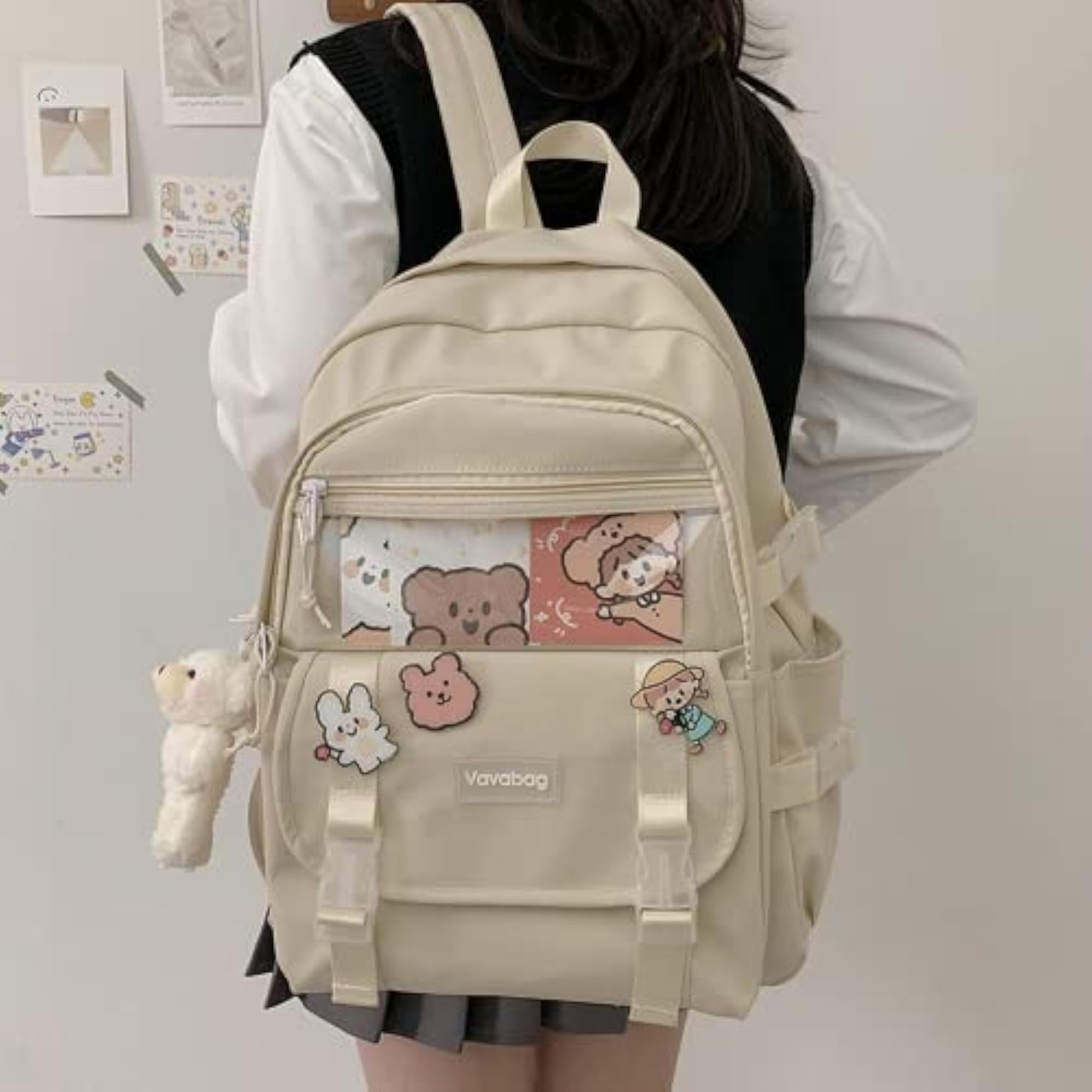 Cute Bear Pendant Aesthetic School Bag, Canvas Daypack
