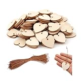 HMCEY 100 PCS Cuori in Legno,Cuoricini di Legno da Appendere con 10 M Corda,Dischi di Legni da Dipingere con Foro,Dischetti di Legni da Scrivere per Lavoretti per Decorazioni, Pirografia, Fai Da Te