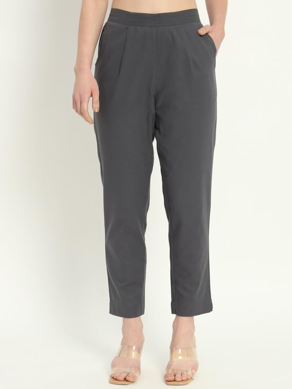 Image of Women's Solid Straight Fit 100% Cotton Trousers | High Waist, Side Pockets, Ankle Length Pants for Office, Casual