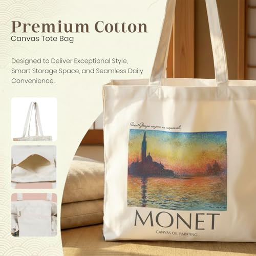 Image of Artsy Canvas Tote Bag for Women | Zipper Closure, Bottle Holder & Keychain Hook | Premium Cotton Canvas Bag for Travel, College, Office | Reusable Shopping Tote Bag Gift