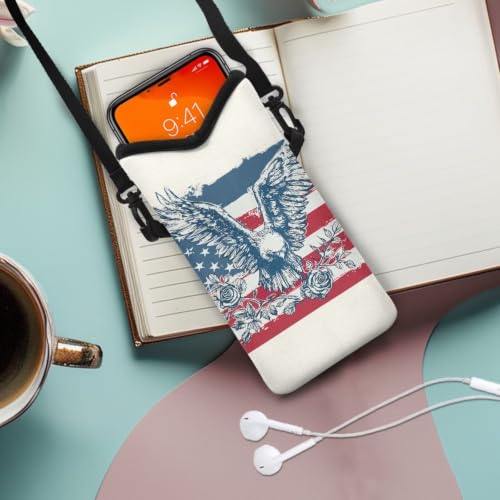 Image of Cellphone Purse Bag with Adjustable Strap Water-Resistant Shockproof Crossbody Mini Shoulder Handbags Portable Phone Sleeve Case for Women, 8 x 4 Inch, American Flag Eagle Rose White