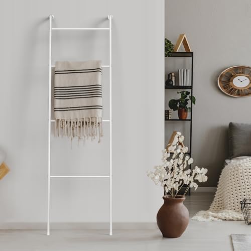 Blanket Ladder Decorative Towel Rack Holder for Bathroom Wall Leaning Metal Drying Quilt Stand for Living Room Bedroom Farmhouse Home Decor for Women Mom Mother Her Wife - White