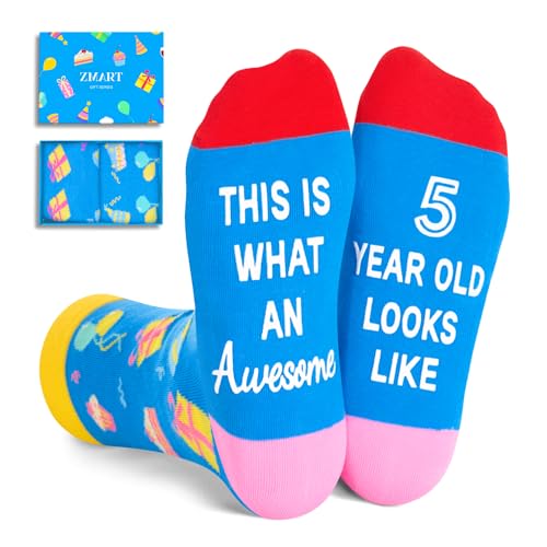 Zmart 5th Birthday Socks Ideas - Five Year Old Gifts for Kids, Gifts for Boys Girls Age 5