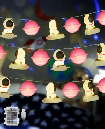 AceList 20 LED Astronaut Space String Lights for Boys Bedroom, USB/Battery Box Space Decor for Kids Bunk Bed, Play Tent & Classroom, Astronaut Planet Night Light for Birthday Party (Warm Yellow)