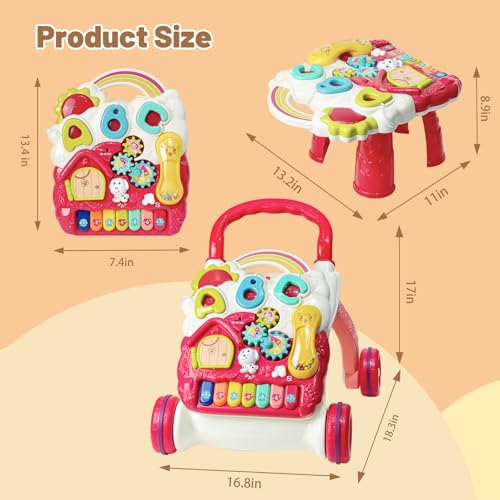 Sit to Stand Baby Walker, Activity Center with Music and Light, Activity Table for Toddlers, Push Toys for Babies Learning to Walk, Early Education Toys for Infant Boys Girls 6 Months Up (Red) - Thumbnail 6