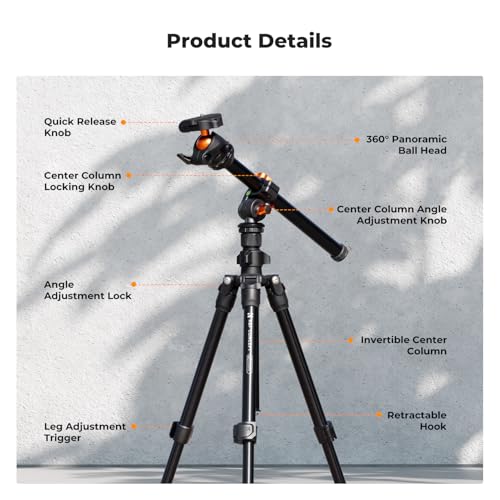 K&F Concept 76 inch Camera Tripod with Rotatable Multi-Angle Center Column,Lightweight Travel Outdoor DSLR Tripods with 360 Degree Ball Head Load Capacity 8kg/17.6lbs, Cellphone Clips for Smartphone
