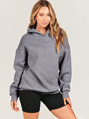 Anrabess Fleece Oversized Hoodies For Women Pullover Teen Girls Long Sleeve Casual Hooded Sweatshirt Warm Vintage Fall Fashion Y2K Clothes Dark Grey A1023Shenhuahui-M #TOP1