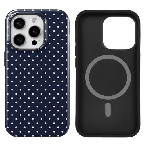 uCOLOR Case Compatible with iPhone 14 Pro- Compatible with MagSafe Scratch-Resistant Shockproof Cover for Women Men 6.1 inch(Navy Blue Polka Dot)