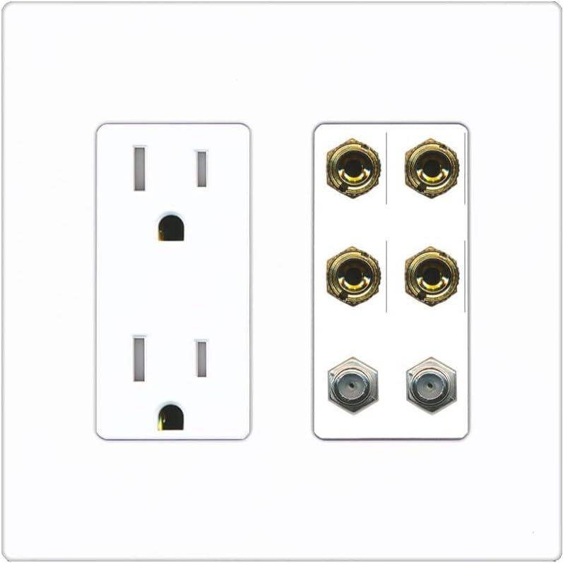 RiteAV 4 Port Banana 2 Speaker Binding Post 2 Coax Wall Plate - Tamper Resistant Outlet [Round White]